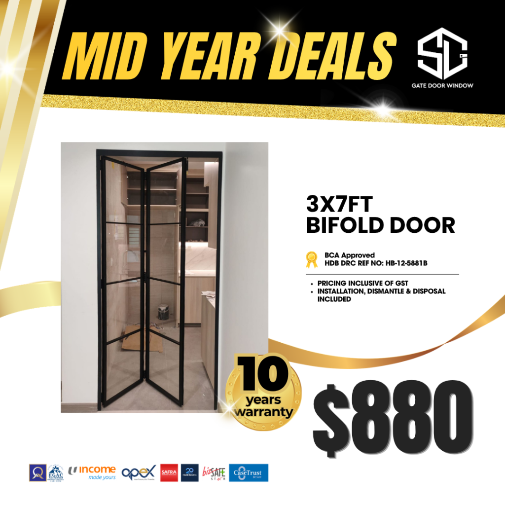 3x7ft bifold door promotion at $880 with 10-year warranty
