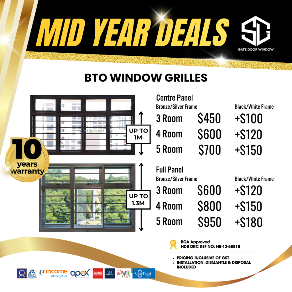 BTO window grilles 3-room $488 4-room $588 5-room $688 promotion 10 years warranty