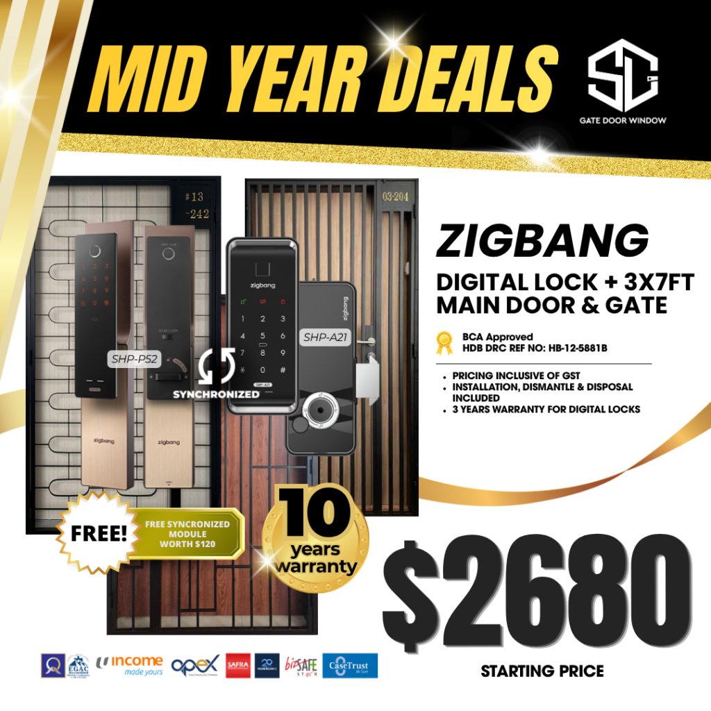 Zigbang digital lock and 3ft x 7ft main door bundle $2680 promotion 10 years warranty