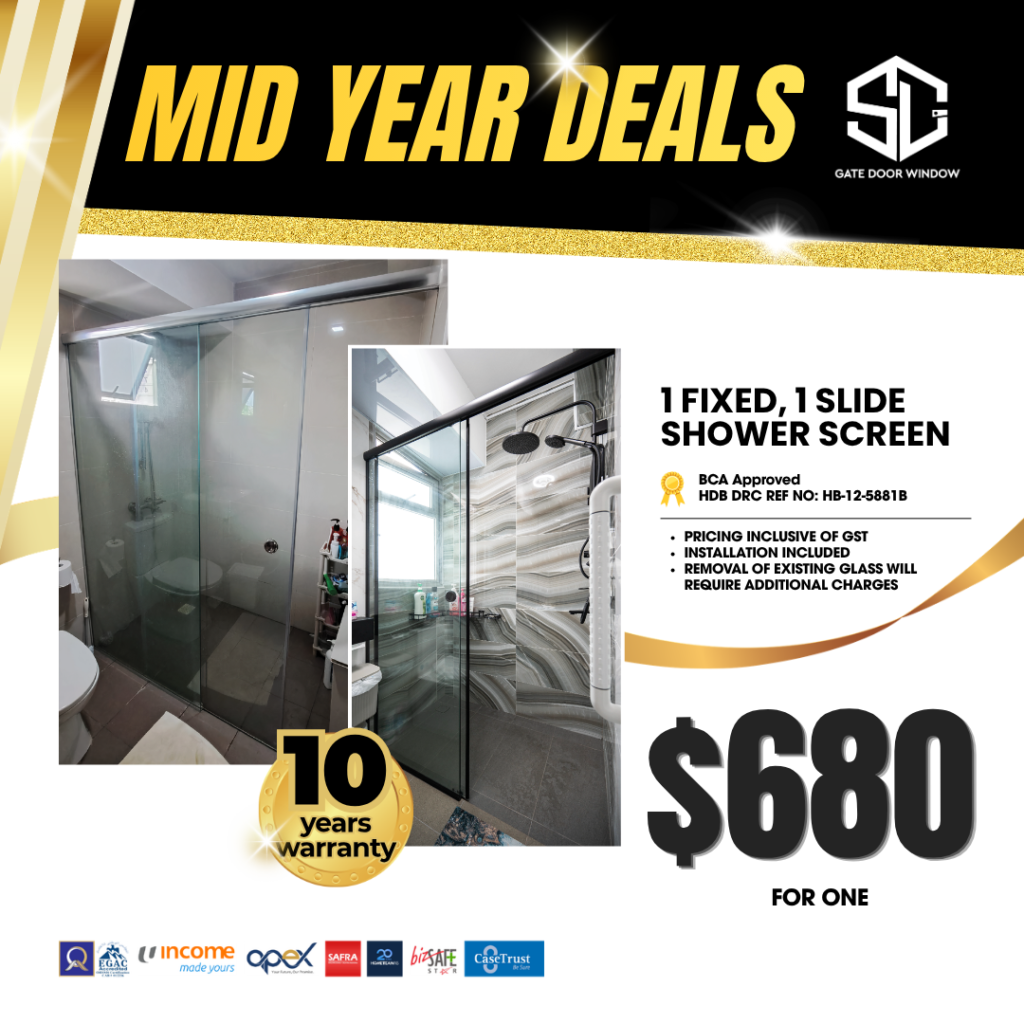 1 fixed 1 slide shower screen $580 promotion 10 years warranty