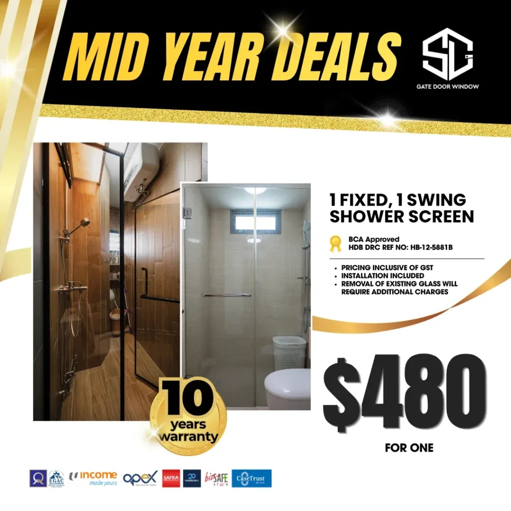 1 fixed 1 swing shower screen $480 promotion 10 years warranty