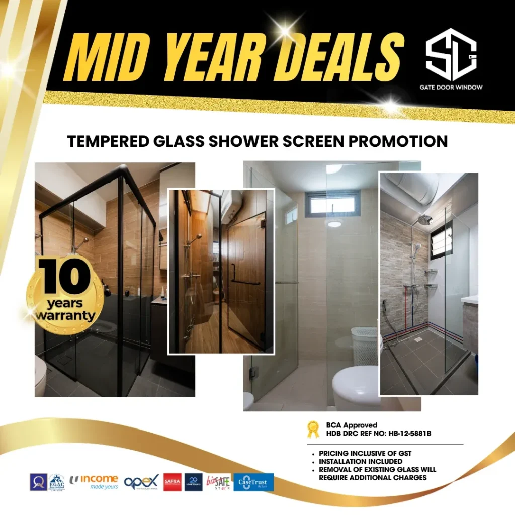 1 fixed 1 swing shower screen $420 promotion 10 years warranty